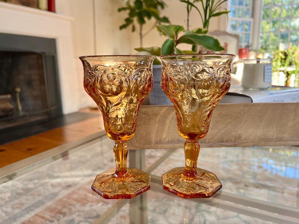 Vintage Peach Orange Pressed Glass Wine Water Goblets French Country Pair